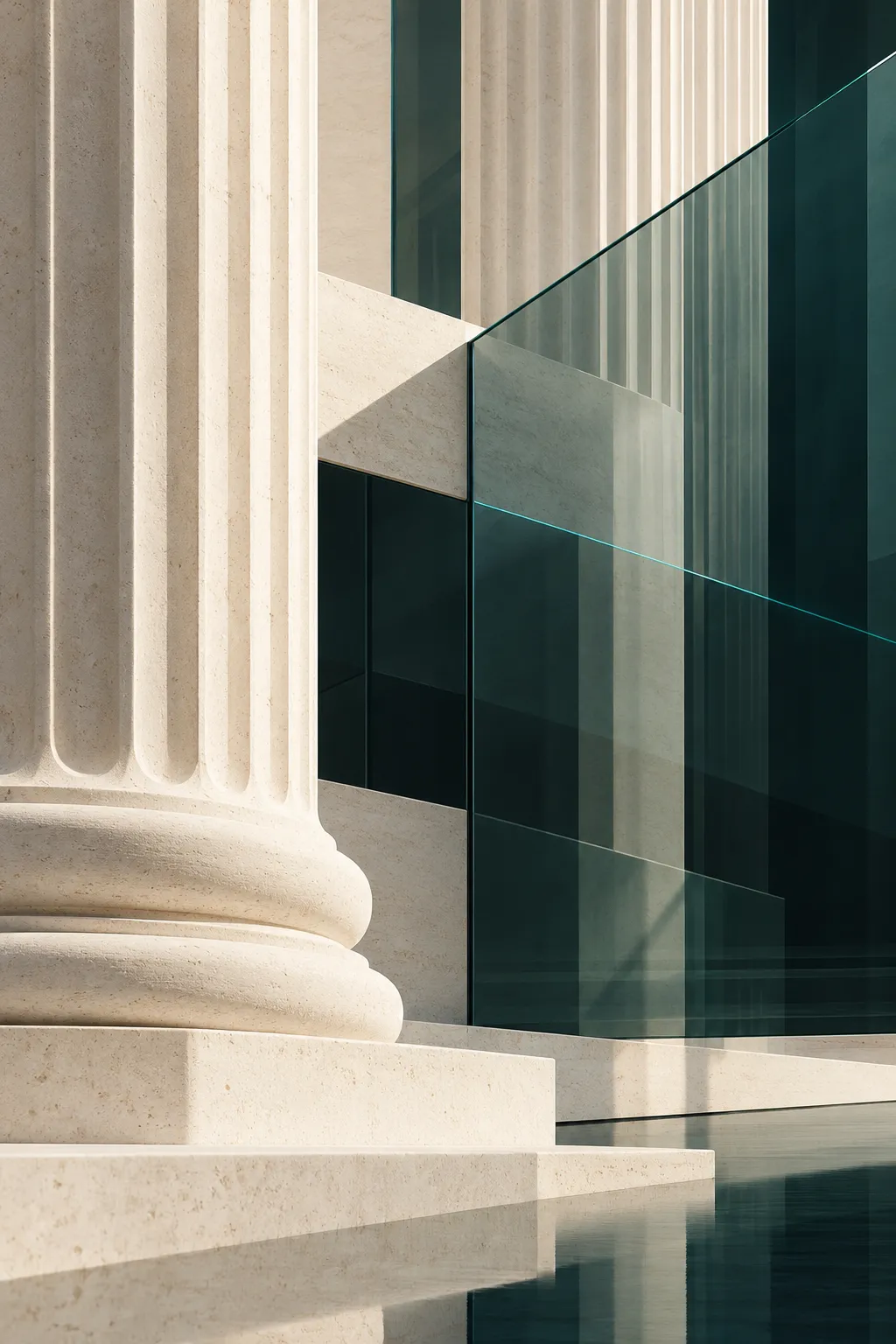Classical columns alongside a modern glass building, echoing Firmera’s blend of law and technology.